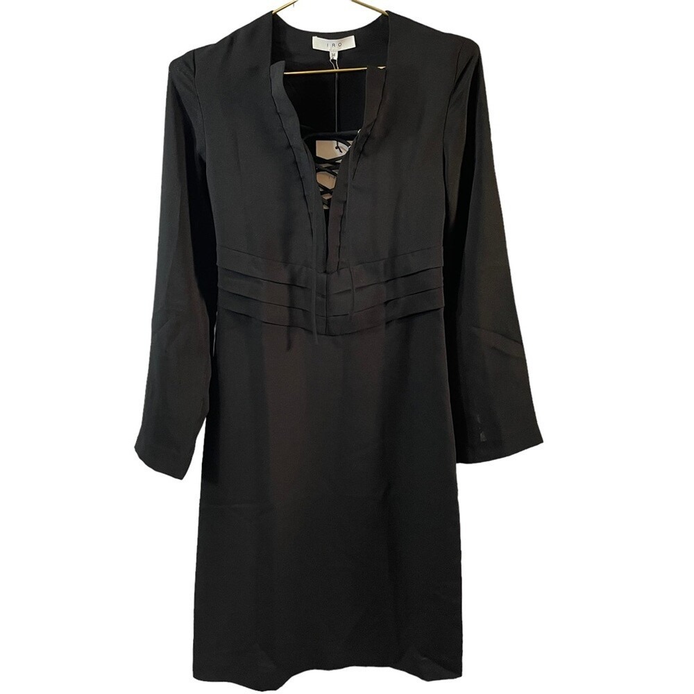 IRO Black Lace Up V-Neck Mini Dress Long Sleeve Pleated Waist Size 34 NEW